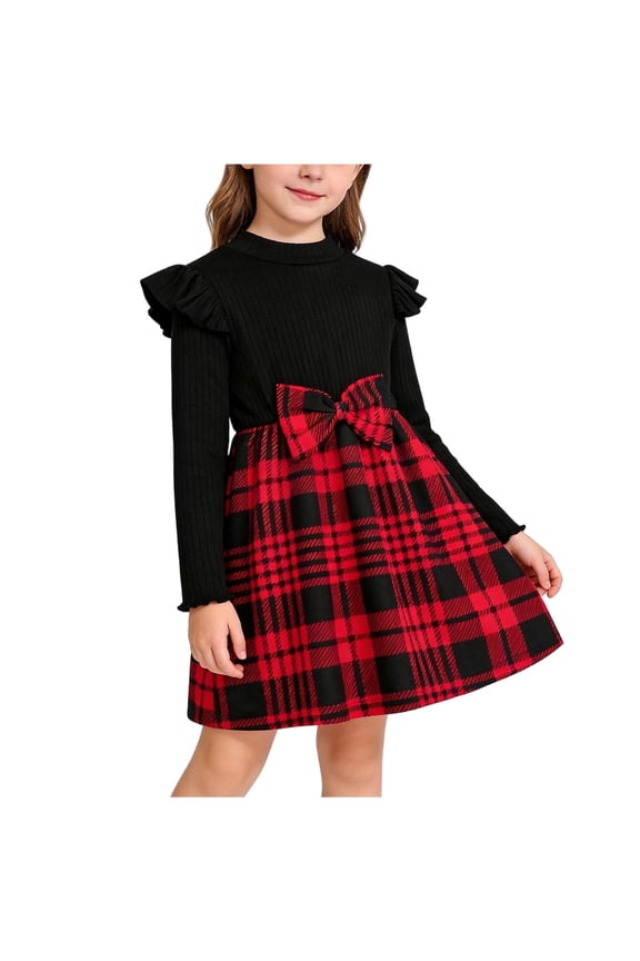 Little Girls Dress Long Sleeve Plaid Patchwork Ruffle Shoulder Ribbed Knit Bodice with Bow Knot Birthday Party Holiday Preppy School Frock