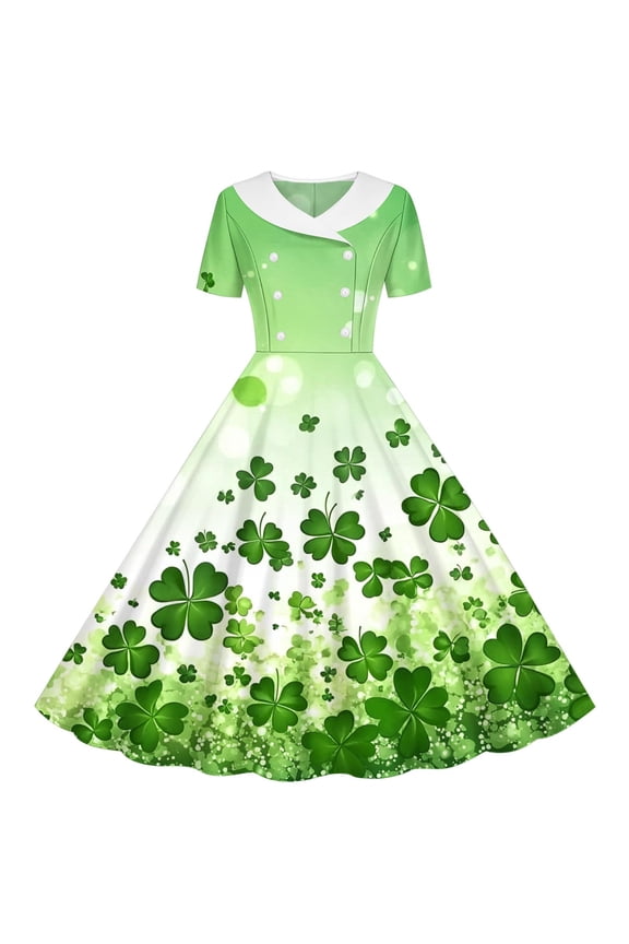 Little Girls Festive Shamrock Dress Short Sleeve Sailor Collar Clover Print Skater Dress for St. Patrick's Day Celebration Outfits