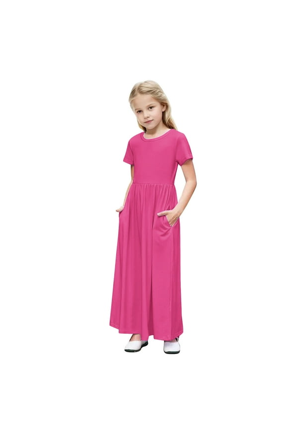 Little Girls Maxi Dress Short Sleeve Solid Jersey A-Line Long Gown with Side Pockets Back To School Casual Playwear Modest Comfort Frock