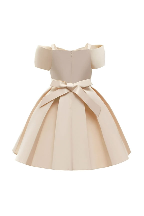 Little Girls Party Dress Off Shoulder Satin A-Line Gown Big Bow Knot Wedding Ceremony Flower Girl formal Performance Elegant Twirl Frock