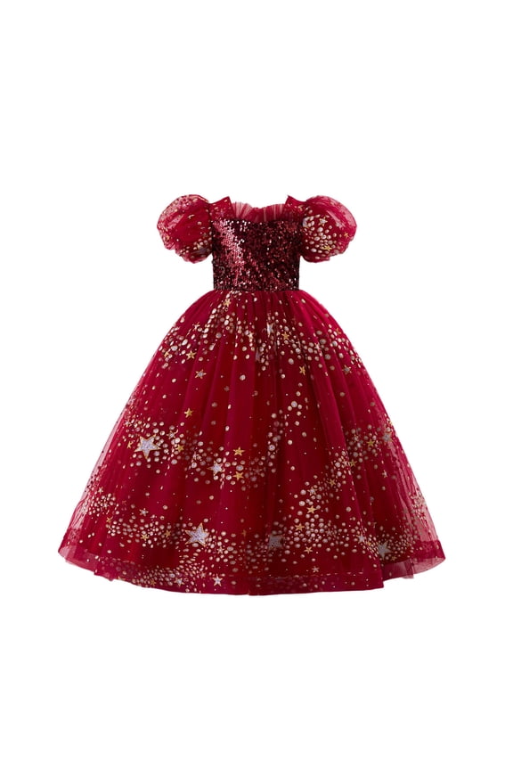 Little Girls Puffy Tulle Ball Gown Puff Sleeve Sequin Bodice Star Pattern Mesh Party Dress for Flower Girl Wedding Guest formal Event
