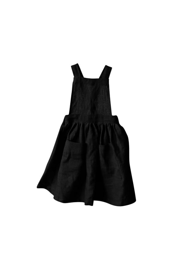 Pinafore Dress for Girls Sleeveless Cotton Linen Square Neck Jumper Overalls with Pockets Preppy School Uniform Layering Style Casual Frock