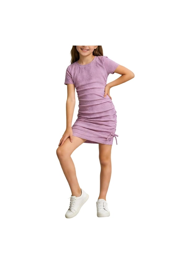 Ruched Bodycon Mini Dress for Big Girls Textured Knit Drawstring Side Tie Short Fitted Sheath Dress for Trendy Teen Fashion Spring Party