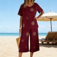 thumbnail image 1 of LEWKW Summer Outfits for Women Short Sleeve V Neck Top And Wide Leg Capri Pants Matching Sets Boho Print Linen Blend 2 Piece Sets Beach Vacation Wear, 1 of 9