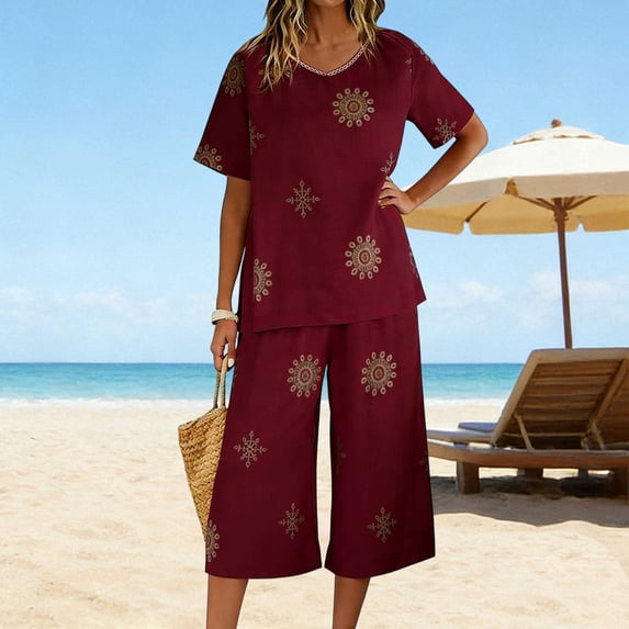 LEWKW Summer Outfits for Women Short Sleeve V Neck Top And Wide Leg Capri Pants Matching Sets Boho Print Linen Blend 2 Piece Sets Beach Vacation Wear
