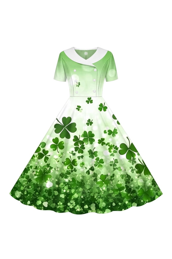 Toddler Girls Clover Dress Short Sleeve Sailor Collar Glitter Shamrock Print A-Line Skater Dress for St. Patrick's Day Spring Wear