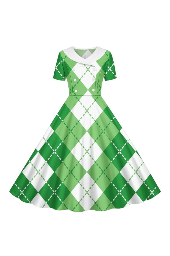 Toddler Girls Clover Print Dress Short Sleeve Sailor Collar Double Breasted A-Line Skater Dress for St. Patrick's Day Spring Celebration