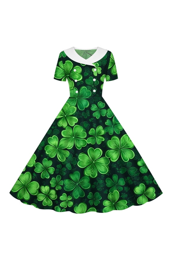 Toddler Girls Clover Print Dress Short Sleeve Sailor Collar Double Breasted A-Line Skater Dress for St. Patrick's Day Spring Celebration