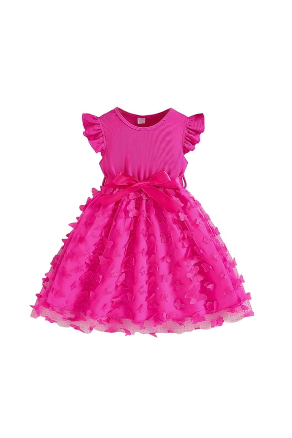 Toddler Girls Flutter Sleeve Party Dress Ribbed Bodice with Bow Knot Satin Belt 3D Butterfly Tulle Tutu Dress for Easter Spring Holiday