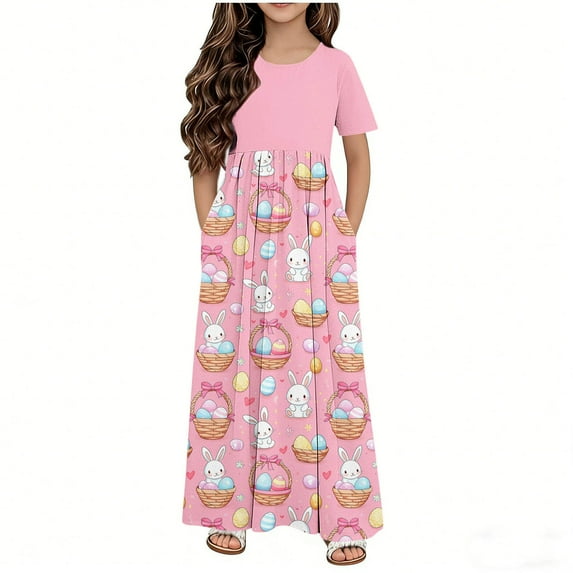 LEWKW Toddler Girls Short Sleeve Bunny Print Maxi Dress Empire Waist Flowy A-Line Cotton Tunic Dress with Pockets for Easter Spring Vacation