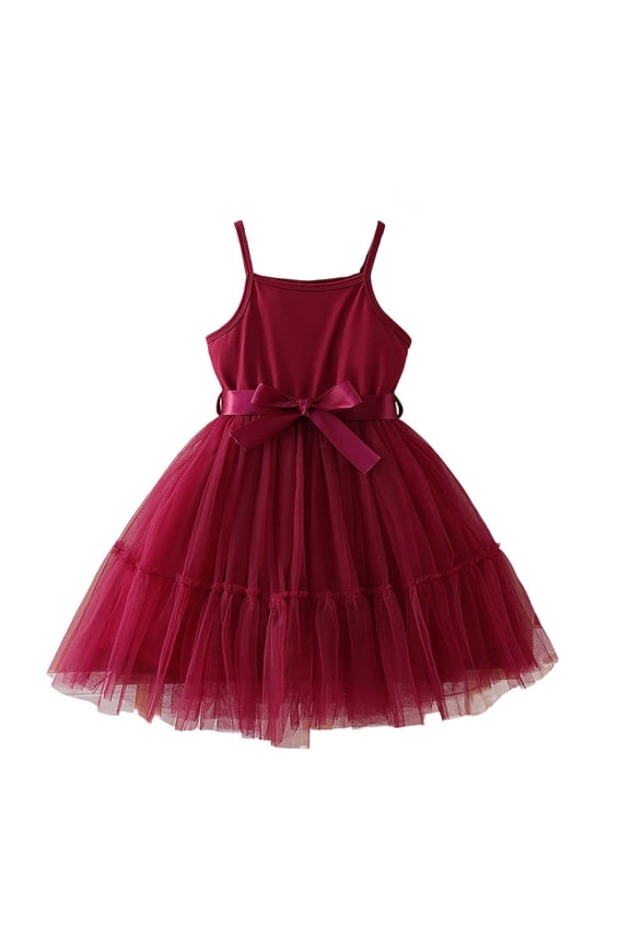 Toddler Girls Spaghetti Strap Tulle Dress Layered Mesh Tutu Skirt with Bow Knot Belt Lightweight Flowy Frock for Summer Beach Party