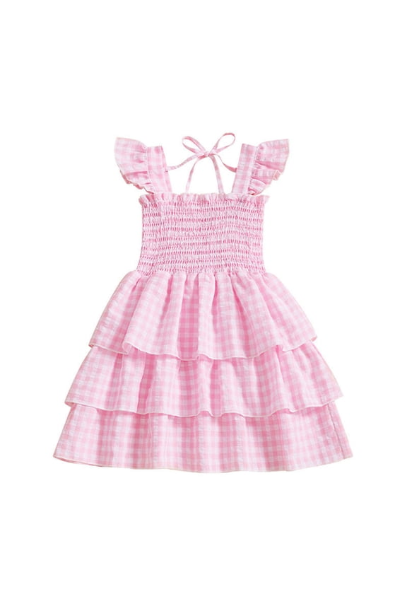 Toddler Girls Sundress Gingham Plaid Tiered Ruffle Skirt Smocked Bodice Flutter Sleeve Cotton Summer Beach Holiday Casual Playwear Sun Dress