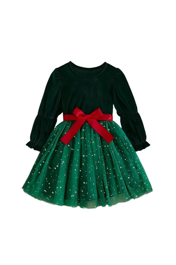 Toddler Girls Tulle Tutu Dress Long Sleeve Velvet Bodice with Bow Knot Sash Star Sequins Mesh Skirt for Birthday Party Celebration