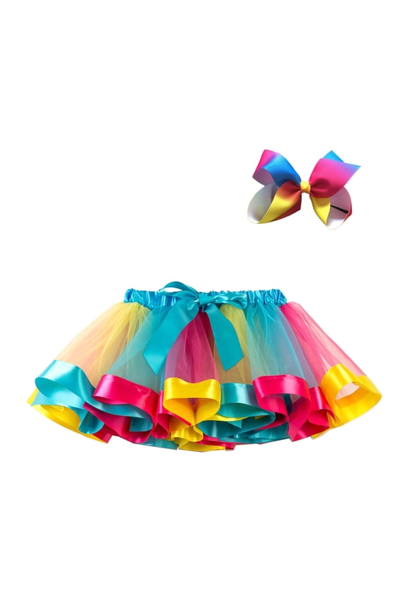 Tutu Skirt for Girls with Matching Hair Bow Rainbow Ribbon Trim Layered Tulle Mesh Dance Costume Birthday Party Performance Twirly Apparel