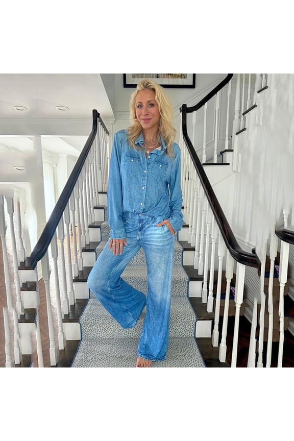 Women's 2 Piece Denim Outfits Long Sleeve Button Down Jean Shirt And High Waisted Wide Leg Jeans Set Casual Lounge Matching Sets Streetwear Co-Ords