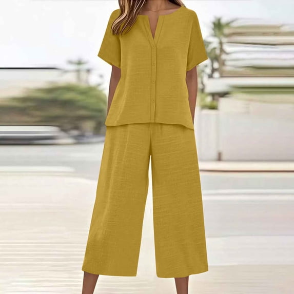 LEWKW Women's 2 Piece Outfits Casual V Neck Short Sleeve Button Down Shirt And Wide Leg Pants Set Loose Lounge Matching Sets Breathable Summer Vacation Sets