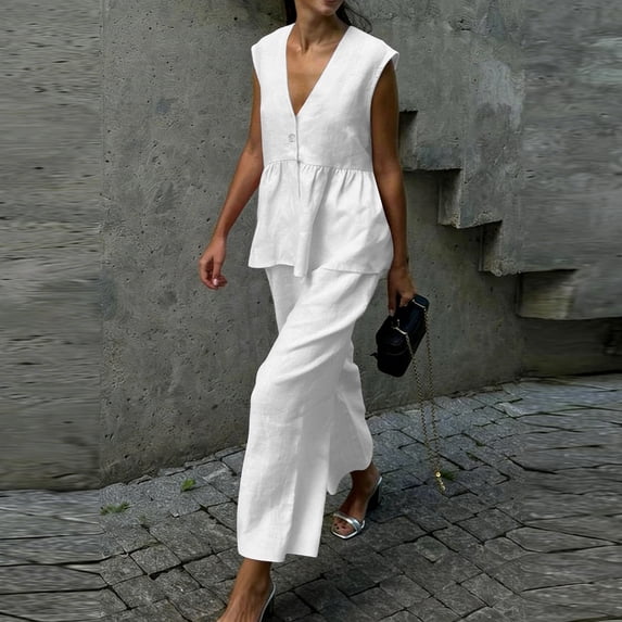 LEWKW Women's 2 Piece Outfits Summer Sleeveless V Neck Button Down Peplum Top And Wide Leg Crop Pants Matching Sets Casual Breathable Linen Feel Lounge Outfits