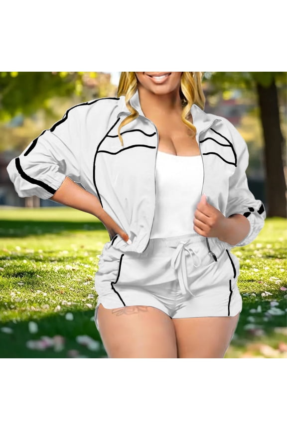 Women's 2 Piece Tracksuit Sets Zip up Stand Collar Jacket & Drawstring Shorts Activewear Sporty Running Gym Outfits Striped Athletic Sweatsuits