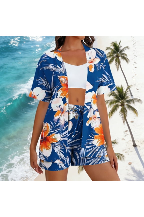 Women's 3 Piece Beach Outfits Tropical Floral Kimono Cardigan Crop Top & Shorts Sets Summer Vacation Lounge Wear Boho Matching Cover up Suits
