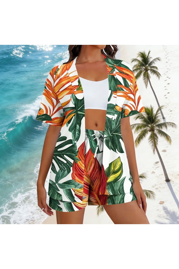 Women's 3 Piece Beach Outfits Tropical Floral Kimono Cardigan Crop Top & Shorts Sets Summer Vacation Lounge Wear Boho Matching Cover up Suits
