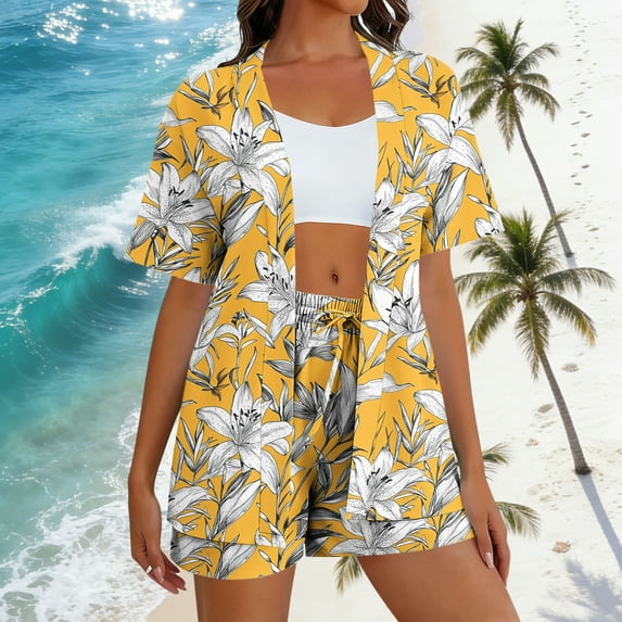 LEWKW Women's 3 Piece Floral Outfits Printed Kimono Cardigan Crop Top & Shorts Sets Summer Vacation Lounge Sets Casual Beach Matching Cover up Suits