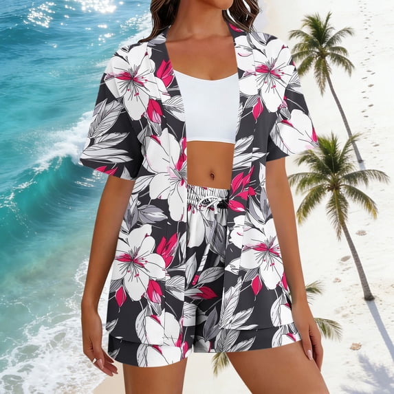 LEWKW Women's 3 Piece Floral Outfits Printed Kimono Cardigan Crop Top & Shorts Sets Summer Vacation Lounge Sets Casual Beach Matching Cover up Suits