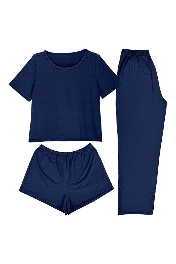 Women's 3 Piece Lounge Sets Short Sleeve Crewneck Top & Shorts Long Pants Pajamas Soft Jersey Sleepwear Casual Comfy Nightwear Matching Outfits