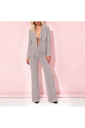 Women's Elegant 2 Piece Blazer Sets Long Sleeve Gold Button Jacket And Wide Leg Trousers Matching Sets formal Chic Business Work Office Suits