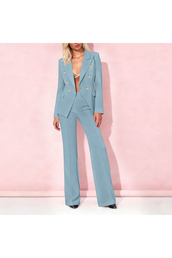 Women's Elegant 2 Piece Blazer Sets Long Sleeve Gold Button Jacket And Wide Leg Trousers Matching Sets formal Chic Business Work Office Suits