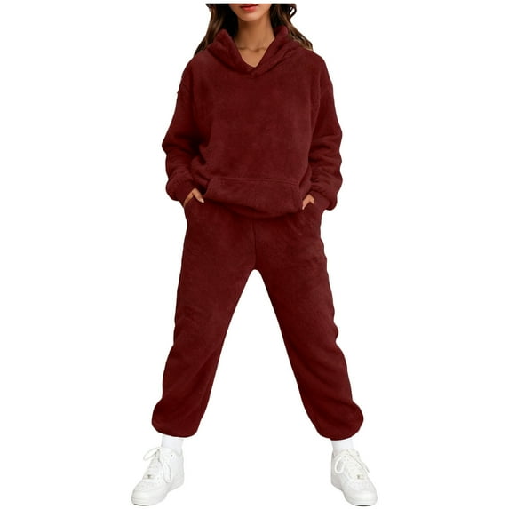 LEWKW Women's Fuzzy 2 Piece Sweatsuits Hoodie Pullover And Joggers Matching Sets Soft Warm Sherpa Fleece Winter Tracksuits Cozy Lounge Outfits