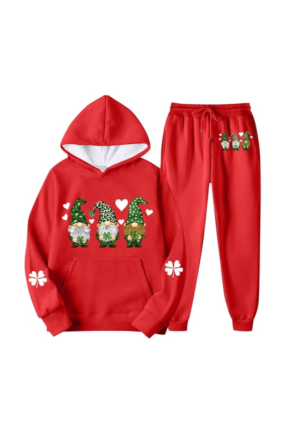 Women's St. Patrick's Day Gnome Graphic Hoodie & Sweatpants Cute Shamrock Tracksuit Novelty Sweat Suits Casual Holiday Funny 2 Piece Sets