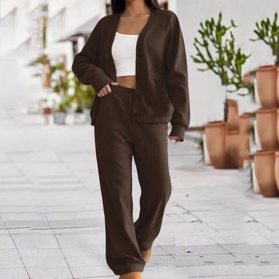 LEWKW Womens 2 Piece Cardigan Sets Long Sleeve Button Down V Neck Top And Wide Leg Pants Matching Sets Knit Ribbed Sweater Lounge Outfits Daily Wear