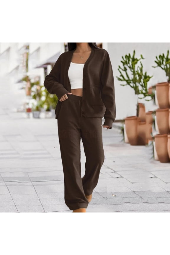 Womens 2 Piece Cardigan Sets Long Sleeve Button Down V Neck Top And Wide Leg Pants Matching Sets Knit Ribbed Sweater Lounge Outfits Daily Wear