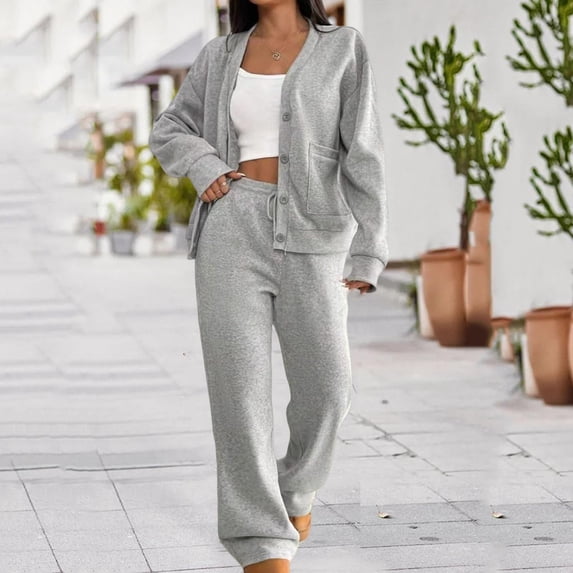 LEWKW Womens 2 Piece Cardigan Sets Long Sleeve Button Down V Neck Top And Wide Leg Pants Matching Sets Knit Ribbed Sweater Lounge Outfits Daily Wear