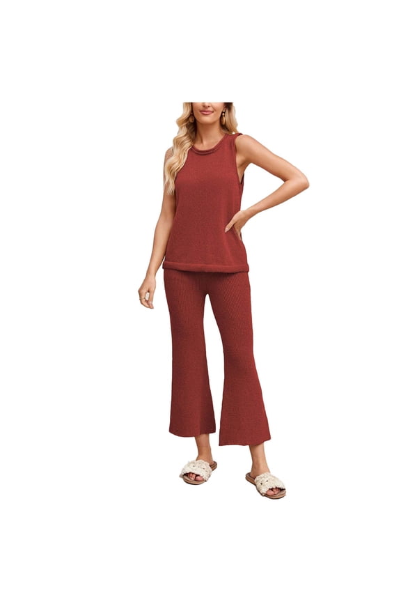 Womens 2 Piece Knit Sets Sleeveless Crew Neck Tank Top & Wide Leg Capris Pants Summer Lounge Wear Ribbed Casual Stretchy Matching Sweatsuits