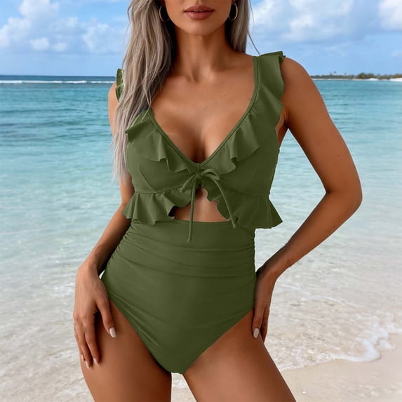 LEWKW Womens High Waisted Bikini Sets Ruffle V Neck Tie Knot Front & Ruched Bottoms Cutout 2 Piece Swimsuits Vintage Bathing Suits Summer Beachwear