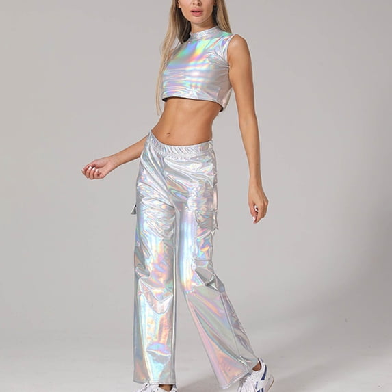 LEWKW Womens Metallic 2 Piece Outfits Sleeveless Mock Neck Crop Top And Shiny Cargo Pants Matching Sets Holographic Festival Party Clubwear