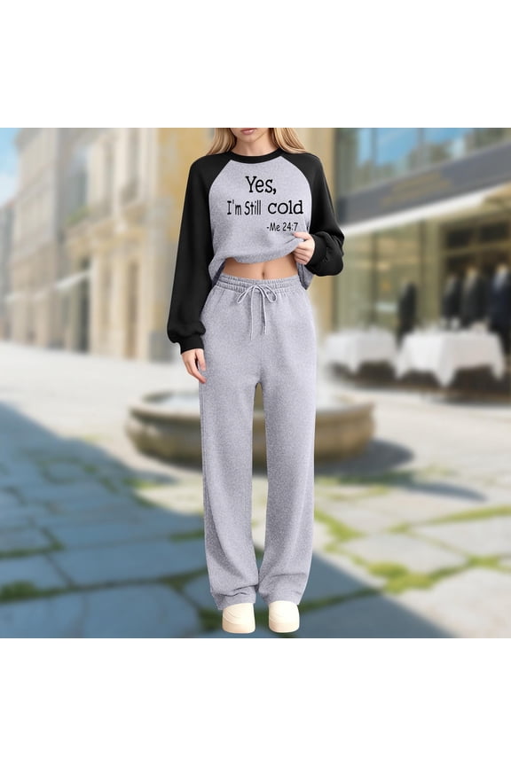 Womens Novelty Tracksuit Sets Letter Print Crop Sweatshirt & Sweatpants Outfits Funny Graphic Slogan Casual Warm Fleece Matching Sweatsuits