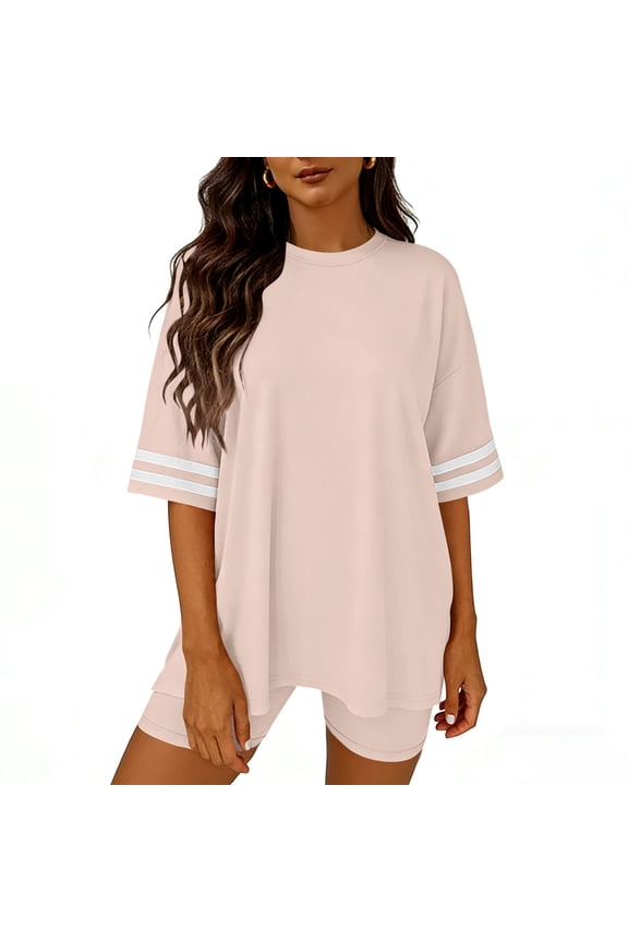 Womens Oversized T-Shirt & Biker Shorts Sets Striped Sleeve Activewear Casual Summer Loungewear Varsity Style Athletic 2 Piece Matching Outfits