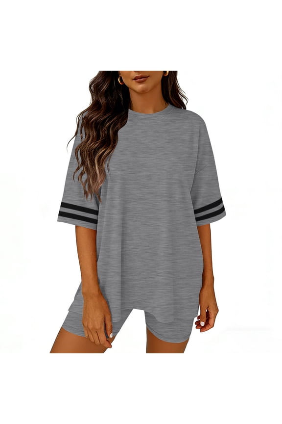 Womens Oversized T-Shirt & Biker Shorts Sets Striped Sleeve Activewear Casual Summer Loungewear Varsity Style Athletic 2 Piece Matching Outfits