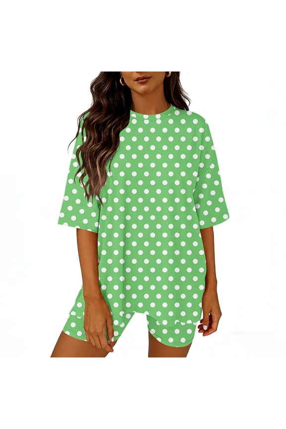 Womens Polka Dot Biker Shorts Sets Oversized T-Shirt & Tight Bottoms Casual Summer Outfits Activewear Streetwear Loungewear 2 Piece Tracksuits