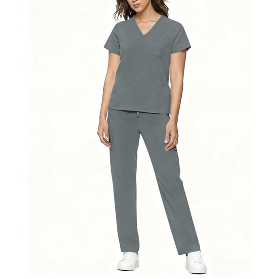 LEWKW Womens Scrub Sets 2 Piece Nursing Uniforms V Neck Top & Cargo Pants Outfits Medical Work Wear Stretch Soft Comfy Trousers Matching Suits