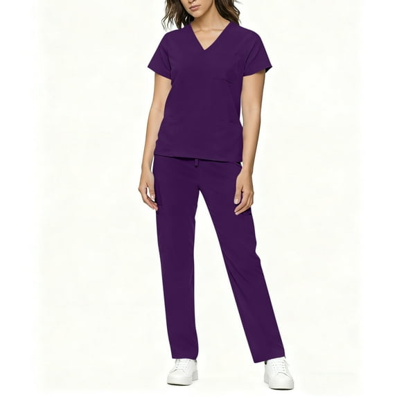 LEWKW Womens Scrub Sets 2 Piece Nursing Uniforms V Neck Top & Cargo Pants Outfits Medical Work Wear Stretch Soft Comfy Trousers Matching Suits