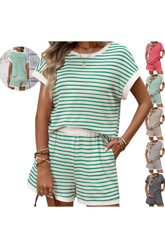 Womens Striped 2 Piece Outfits Short Sleeve Crewneck Tee And Shorts Matching Sets Casual Summer Beach Lounge Sets Comfy Soft Tracksuits