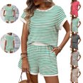 thumbnail image 1 of LEWKW Womens Striped 2 Piece Outfits Short Sleeve Crewneck Tee And Shorts Matching Sets Casual Summer Beach Lounge Sets Comfy Soft Tracksuits, 1 of 2