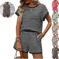 thumbnail image 1 of LEWKW Womens Striped 2 Piece Outfits Short Sleeve Crewneck Tee And Shorts Matching Sets Casual Summer Beach Lounge Sets Comfy Soft Tracksuits, 1 of 8
