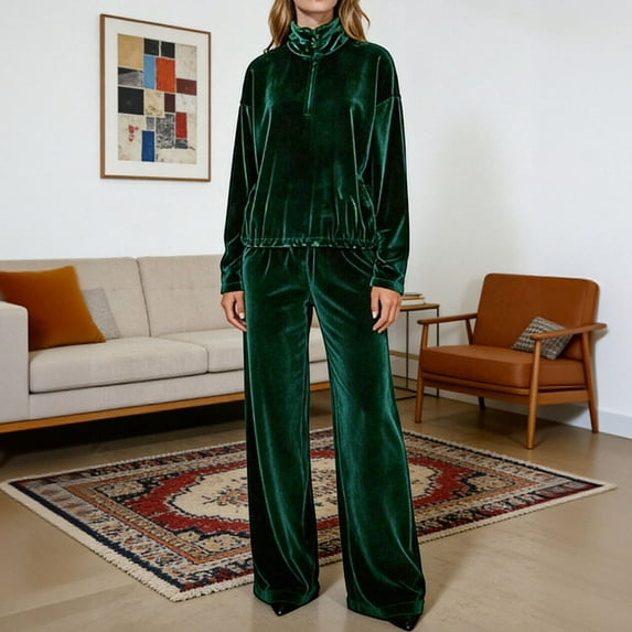 LEWKW Womens Velour Tracksuits 2 Piece Outfits Half Zip Pullover Sweatshirt And Wide Leg Pants Matching Sets Cozy Velvet Winter Loungewear Sweatsuits