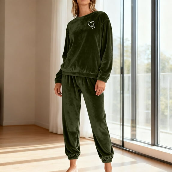 LEWKW Womens Velour Tracksuits 2 Piece Outfits Heart Embroidery Velvet Pullover & Joggers Sweat Suits Soft Warm Pajamas Sets Casual Winter Loungewear