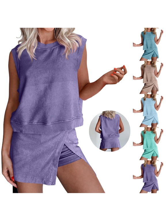 Workout Sets for Women 2 Piece Activewear Sleeveless Top & Slit Skort Skirts Tennis Golf Gym Running Athletic Sporty Casual Matching Outfits