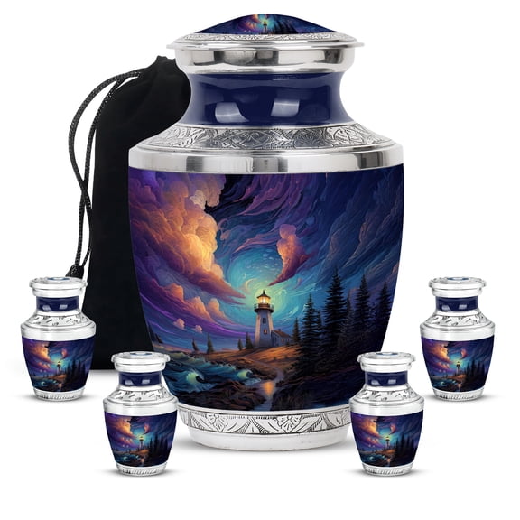 LEXFAY Lighthouse Urns for Human Ashes Adult - Combo Set of 5, Large Urns for Human Ashes - Urn for Ash for Women - Cremation Urn for Ash Adults Male (1 Large, 10 Inch & 4 Keepsake, 3 Inch)